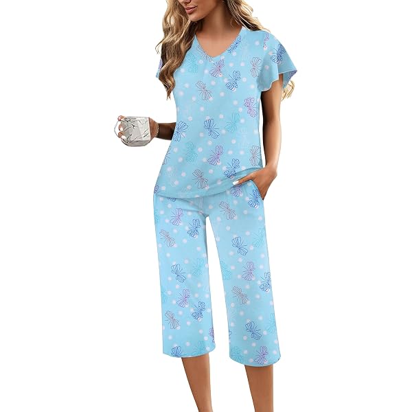 Pyjama Femme Été Ekouaer - T-Shirt Manche Courte Et Pantalon Capri - 2 Pièces - S-XXL