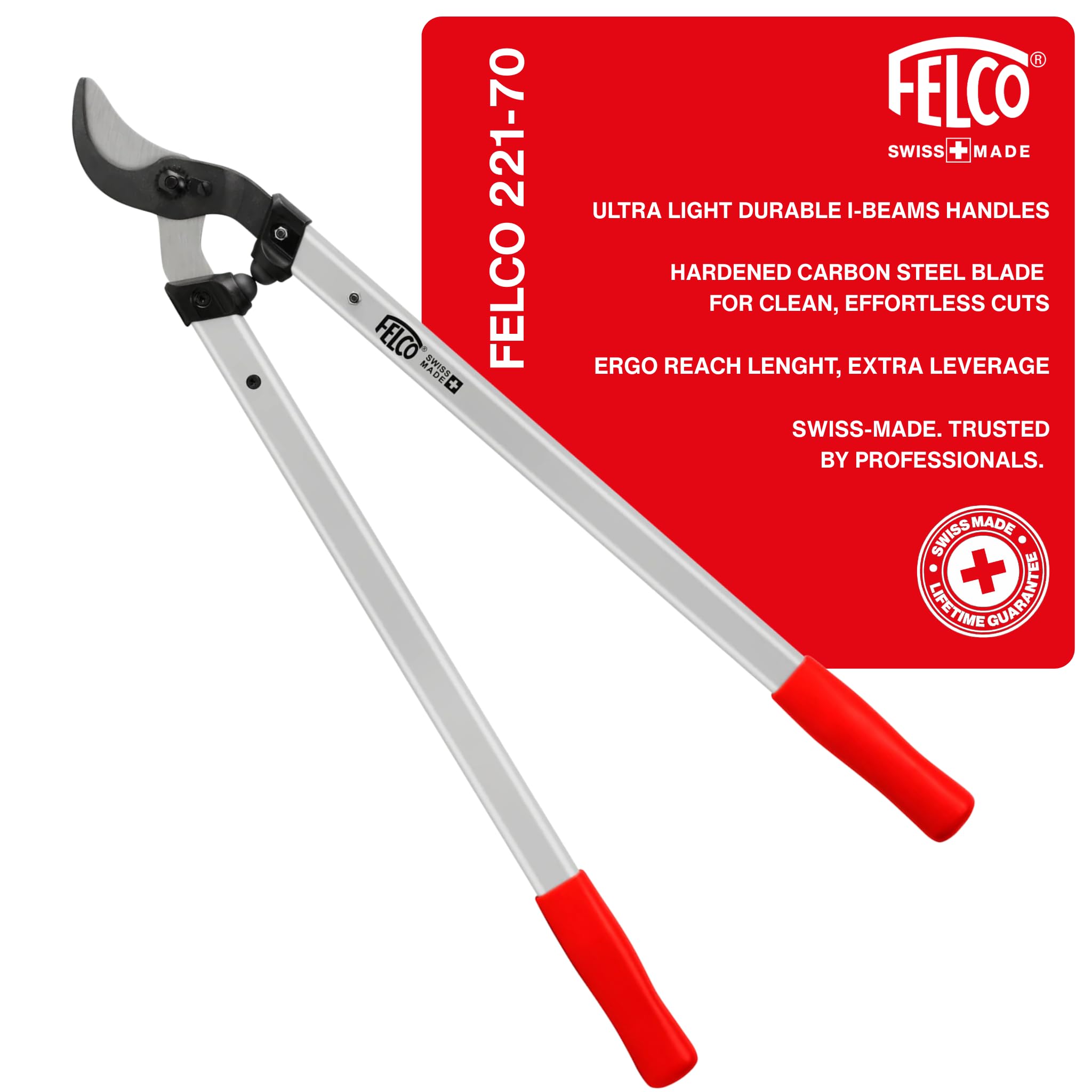 Felco Model 221-70 Long reach Loppers Straight Cutting Head 45mm Cut Lightweight 70cm Handles Shock Absorbers Tree Surgeon Professional Gardener Forestry Precision Manufacturing Process Swiss Made