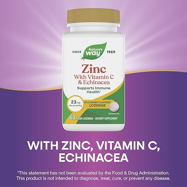 NATURE’S WAY ZINC LOZENGES WITH VITAMIN C & ECHINACEA, ZINC SUPPLEMENTS FOR MEN AND WOMEN, IMMUNE SUPPORT*, WILD BERRY FLAVOR, 60 LOZENGES (PACKAGING MAY VARY)