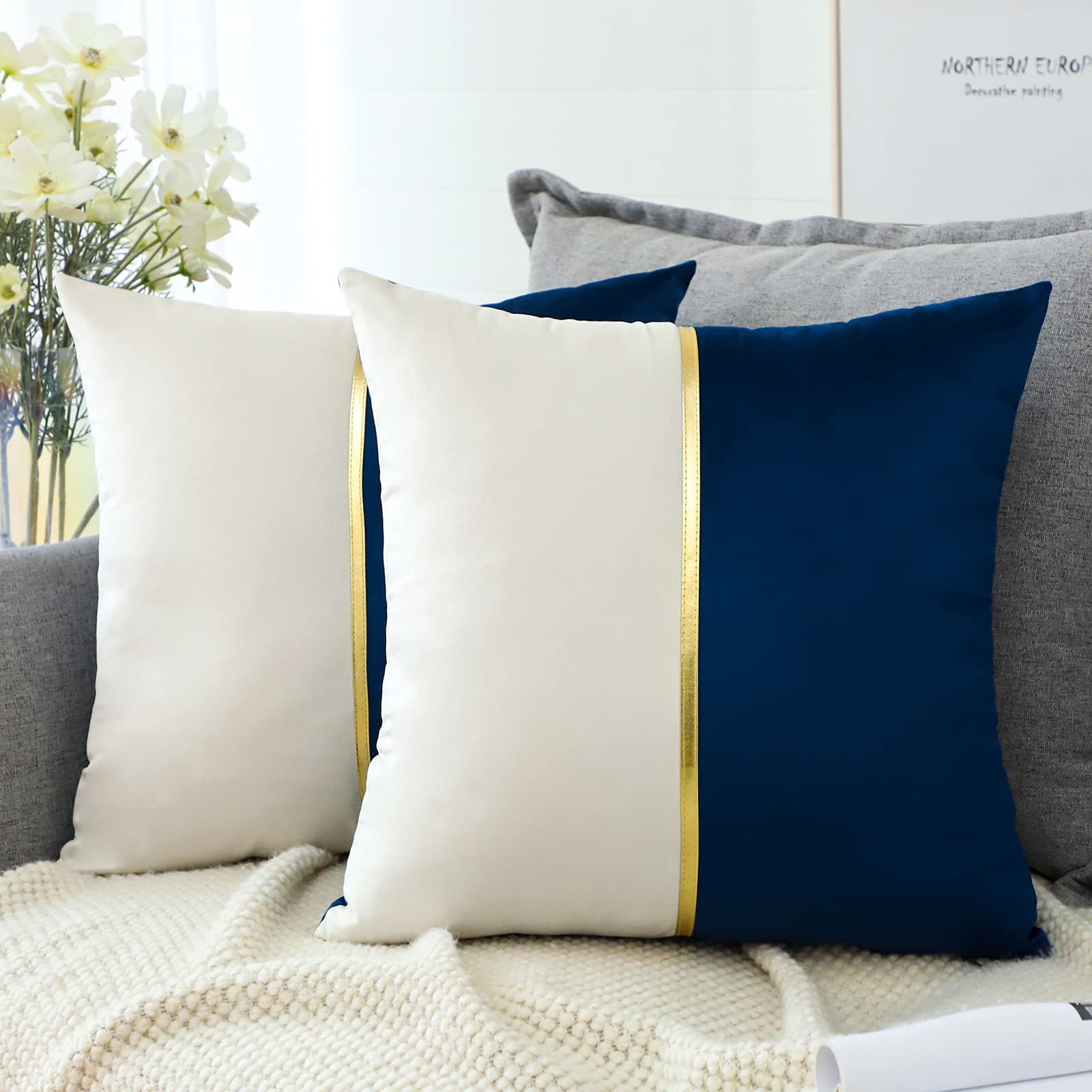 Artscope Blue White Velvet Cushion Covers with Gold Leather Patchwork Luxury Modern Minimalist Square Pillowcase Throw Pillow Covers for Living Room Bed Couch Sofa 45x45cm Set of 2