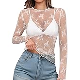 OFEEFAN Womens Mesh Tops Lace Long Sleeve Shirts Crewneck Slim Fitted Outfits See Through Blouses