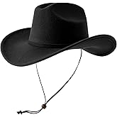 Lanzom Women Western Cowboy Cowgirl Hat Wide Brim Fedoras Hat with Wind Lanyard
