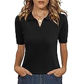 LOMON Womens Puff Short Sleeve Polo Sweater V Neck Knitted Tops Casual Ribbed Shirt Pullover Blouse