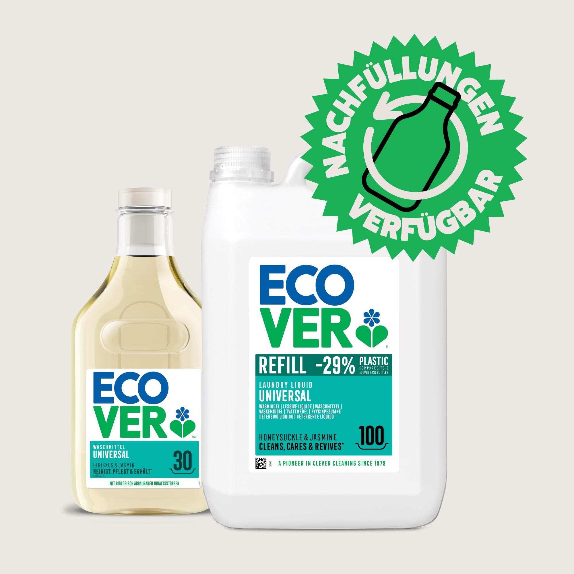 Ecover Waschmittel Universal Hibiskus & Jasmin (5L/100 Waschladungen), Flüssigwaschmittel mit pflanzenbasierten Inhaltsstoffen, pflegendes Vollwaschmittel für Erhalt und Schutz der Kleidung 5