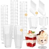 SIJDIEE 120 Pack 5 Oz Reusable Clear Plastic Mini Dessert Cups with Spoons | Dessert Shooter Cups, Sturdy and Food Safe, Square and Round Goblet, Parfait Cups for Party Cake Yogurt Pudding Appetizer