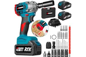 RYOJEGK 600N.m Cordless Impact Gun with Hammer, 21V Impact Wrench 1/2" with 2x4.0Ah Battery, Socket Screw Drill Converter & Fast Charger, 450Ft-lbs Compact Pistola De Impacto for Household Tool Car