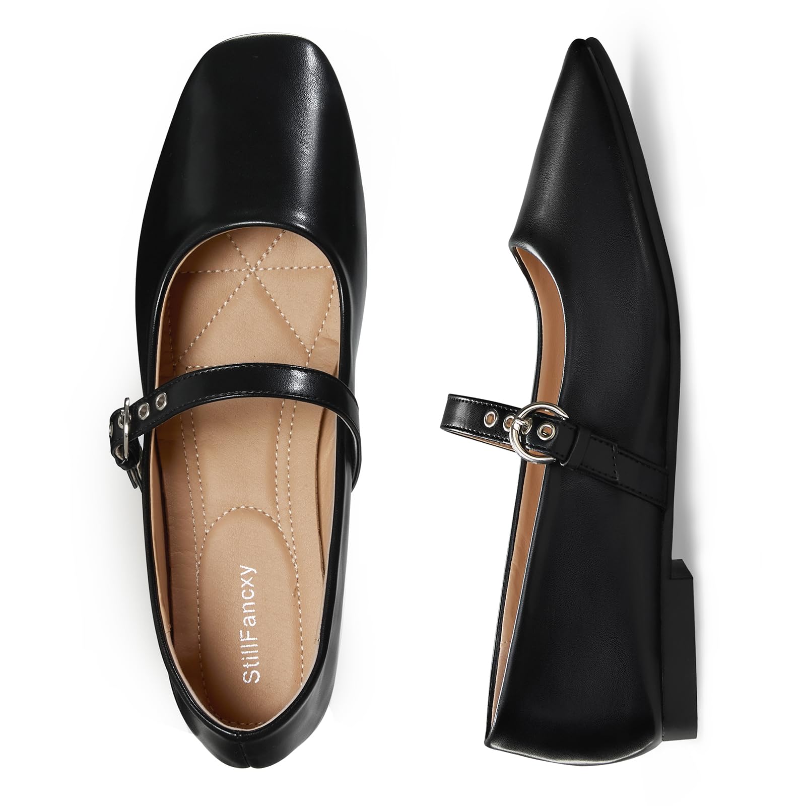 Photo 1 of StillFancxy Mary Jane Flats Square Toe Adjustable Strap Ballet Flats Comfortable Dressy Slip-on Work Shoes Black Pu