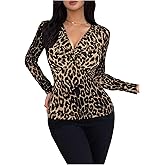 Floerns Women's Twist V Neck Leopard T Shirts Long Sleeve Fitted Y2k Tee Tops Going Out Tshirt