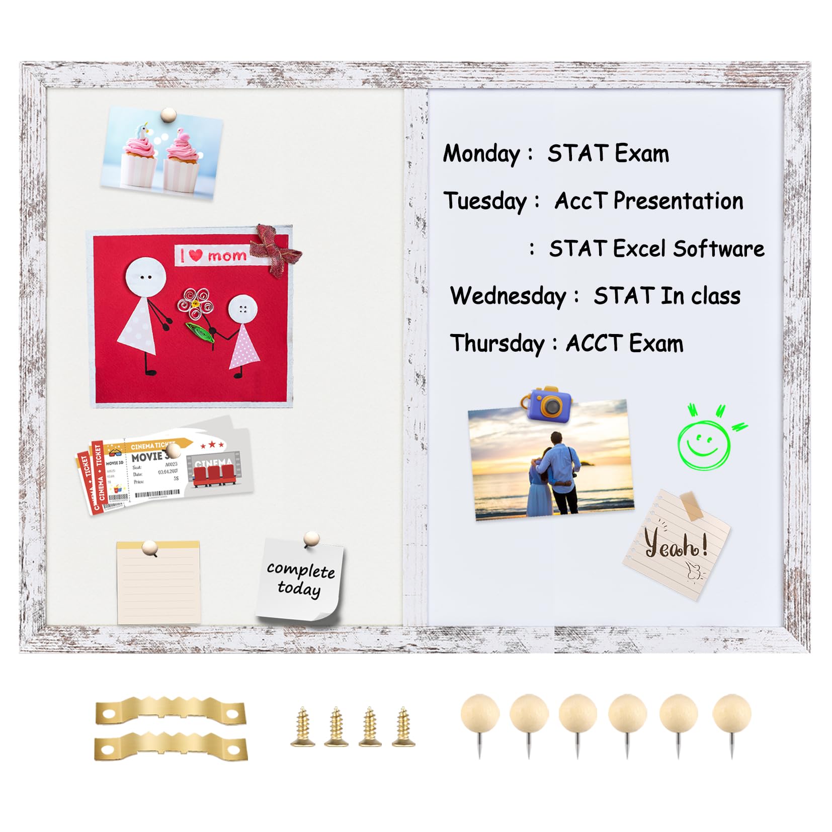 Umtiti Bulletin Board Whiteboard White Felt Board Combo for Office School Kitchen Bedroom, White Wood Frame,17.7"*23.6"（45cm*60cm）,Whiteboard+WH-4560WH