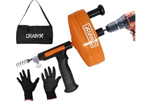 DrainX Power Pro 25-FT Steel Drum Auger Plumbing Snake with Drill Attachment | Drain Snake for Manual or Powered Use | Heavy Duty Drain Cleaning Cable with Work Gloves and Storage Bag Included