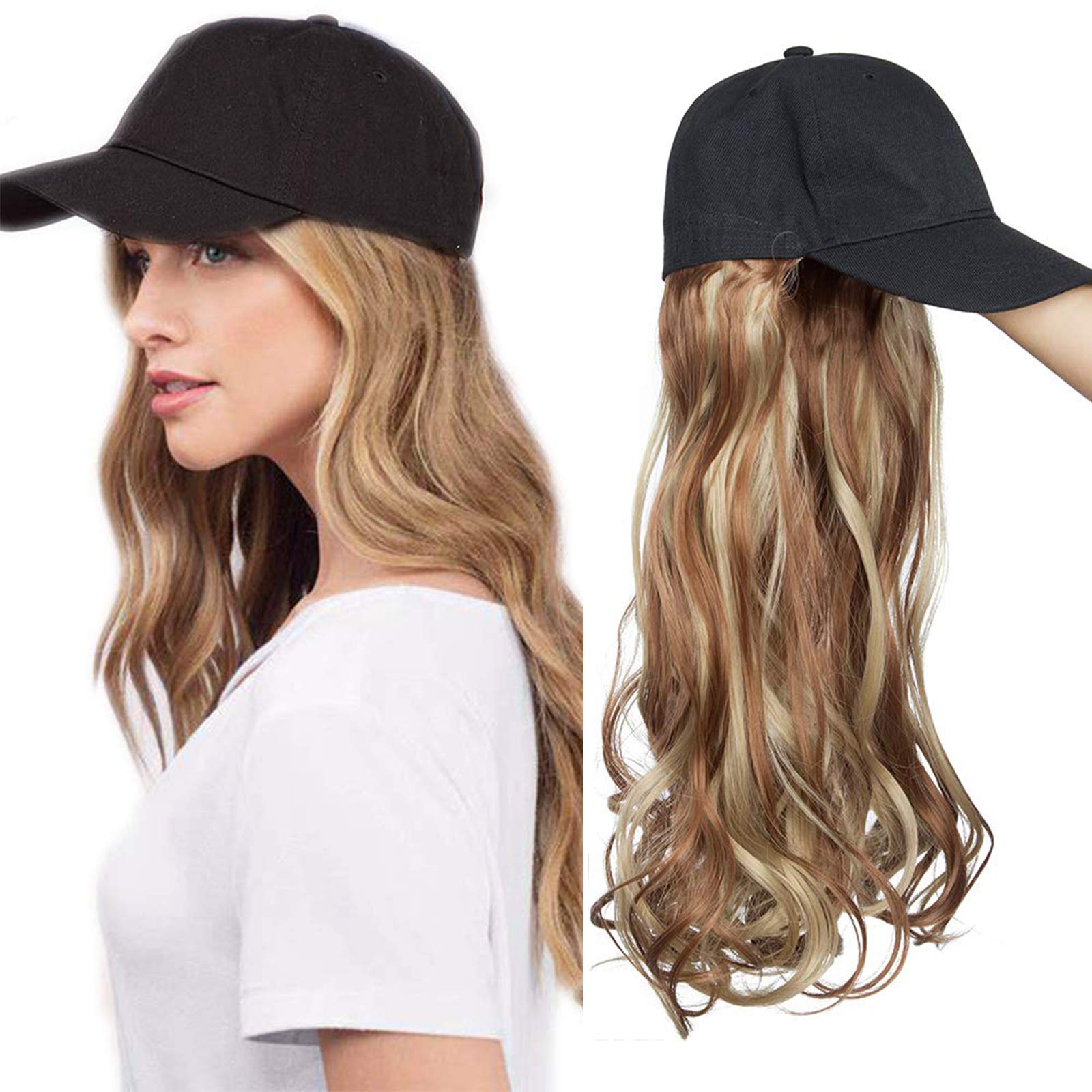16 Inch Long Wavy Hair Extensions With Baseball Hat Synthetic Ombre Hairpiece With Baseball Cap Black Hat Fashionable For Women - Light Brown & Ash Blonde — image 1