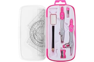 Unjoo Math Geometry Kit Sets 10 Piece Student Supplies with Shatterproof Storage Box,Includes Rulers,Protractor,Compass,Eraser,Pencil Sharpener,Lead Refills,Pencil,for Drafting and Drawings（Pink）
