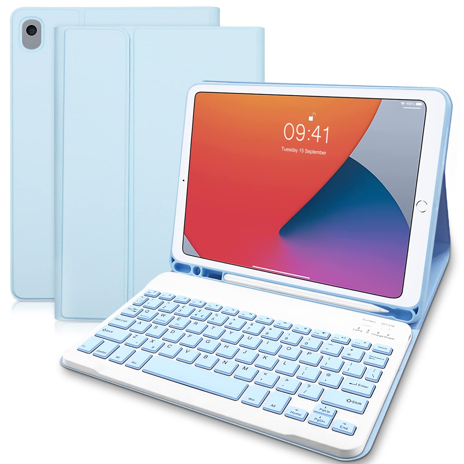 Lielax Keyboard Case for iPad 10.2 Inch 2021, Protective Case with Pencil Holder and Detachable Wireless Keyboard (UK Layout) for iPad Case 9th Generation/8th Gen/7th/Air 3/ Pro 10.5 (Blue) — image 1