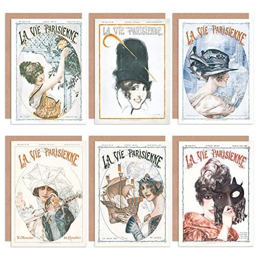 La Vie Parisienne French Woman Mask Ship Sword Army Greeting Cards With Envelopes Pack of 6