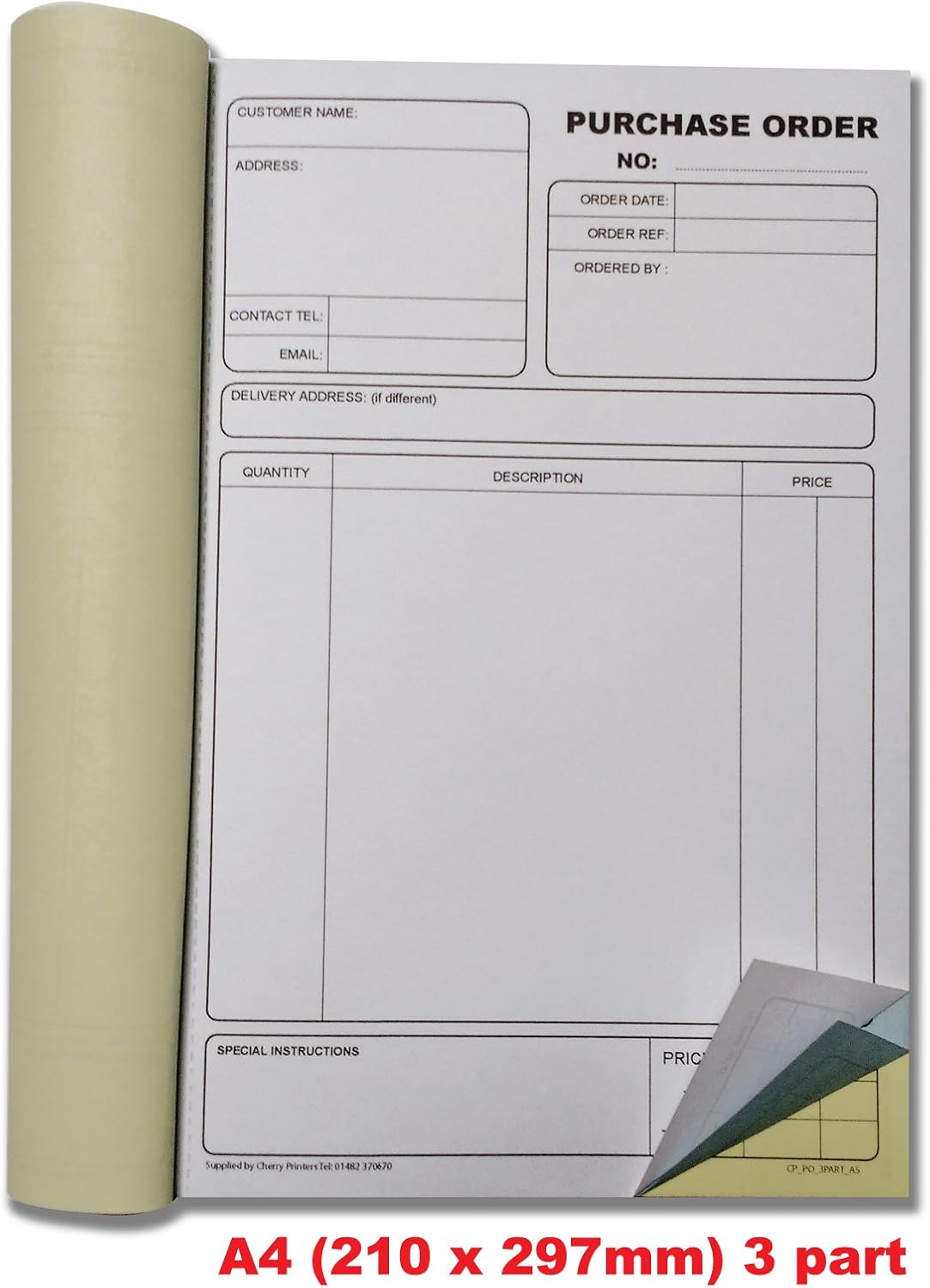 Cherry Carbonless Purchase Order Triplicate Book A4, Blue, A4 Triplicate - Image 3
