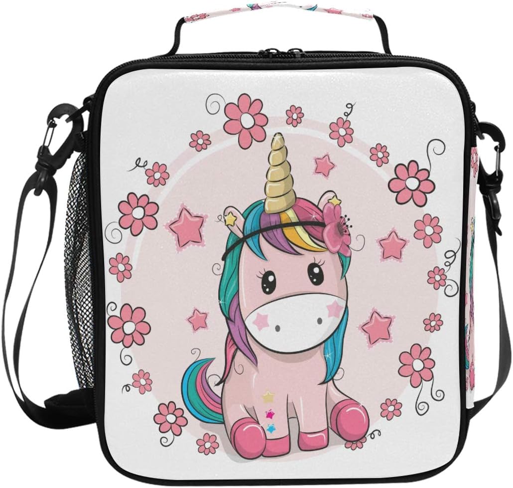 Mnsruu Pink Floral Unicorn Lunch Bag with Adjustable Shoulder Strap for Boys Girls,Insulated Lunch Box Cooler Bag for School Office Travel