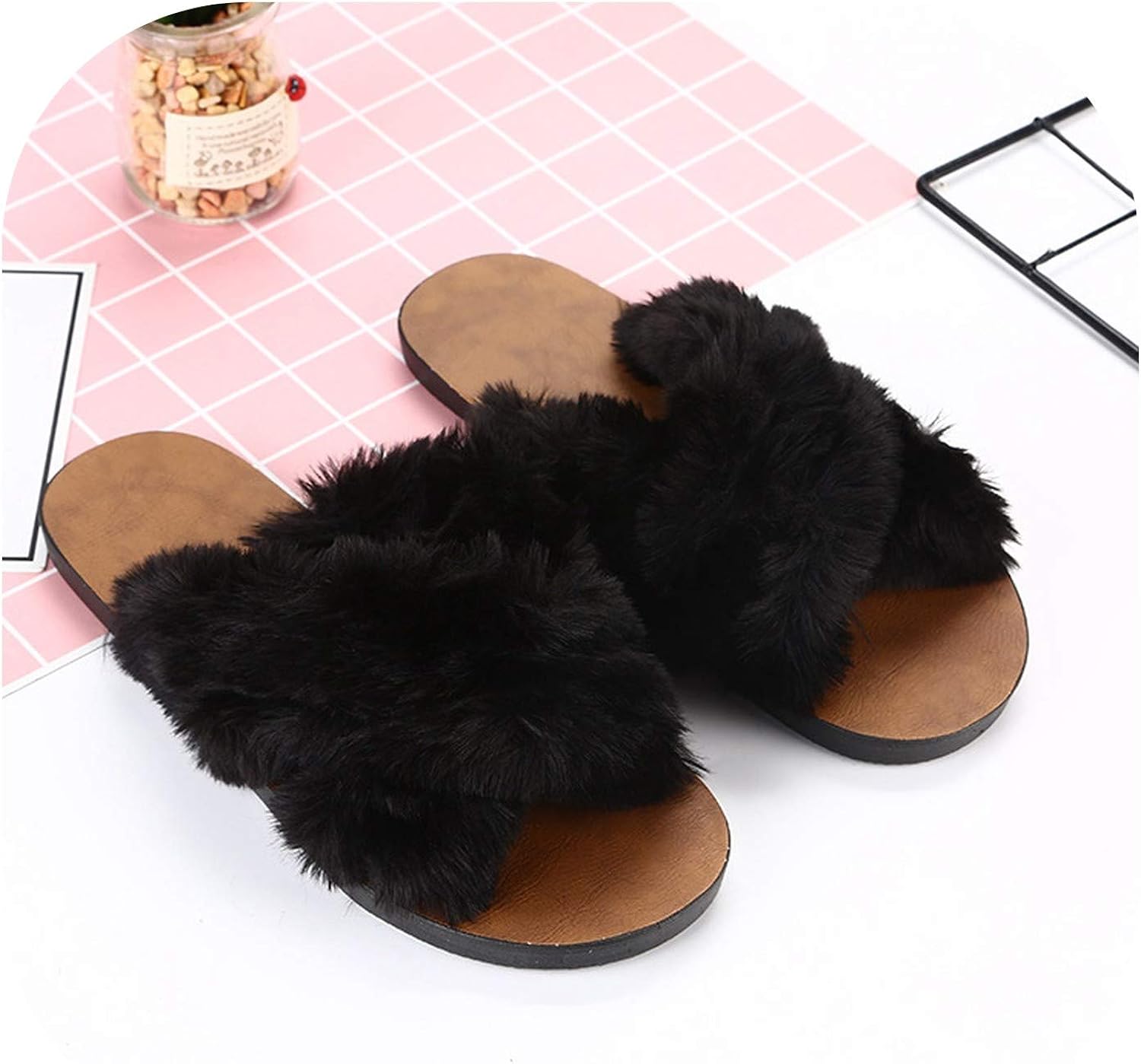 big faux fur slides
