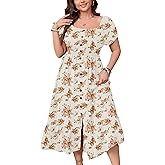 SCOMCHIC Womens Plus Size Summer Dresses Short Sleeve Square Neck Button Down Smocked Casual Ruffle Slit Maxi Boho Dress