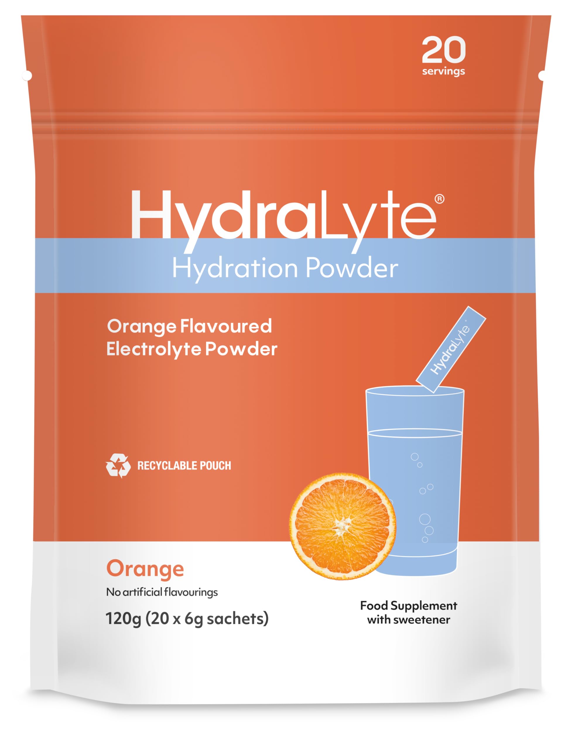 Hydralyte Effervescent Electrolytes Powder Sachets - 20 Flavoured Sticks - Rapid Rehydration - Prevent Dehydration - Achieve Optimal Hydration (20 Sachets, Orange)