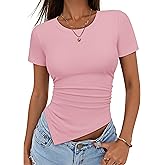 ZESICA Asymmetrical Tops for Women Ruched 2026 Summer Short Sleeve Going Out Blouse Dressy Casual Shirts