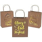 Fun Express Religious Gold Metallic Kraft Paper Gift Bags for Christmas (set of 12) Party Supplies