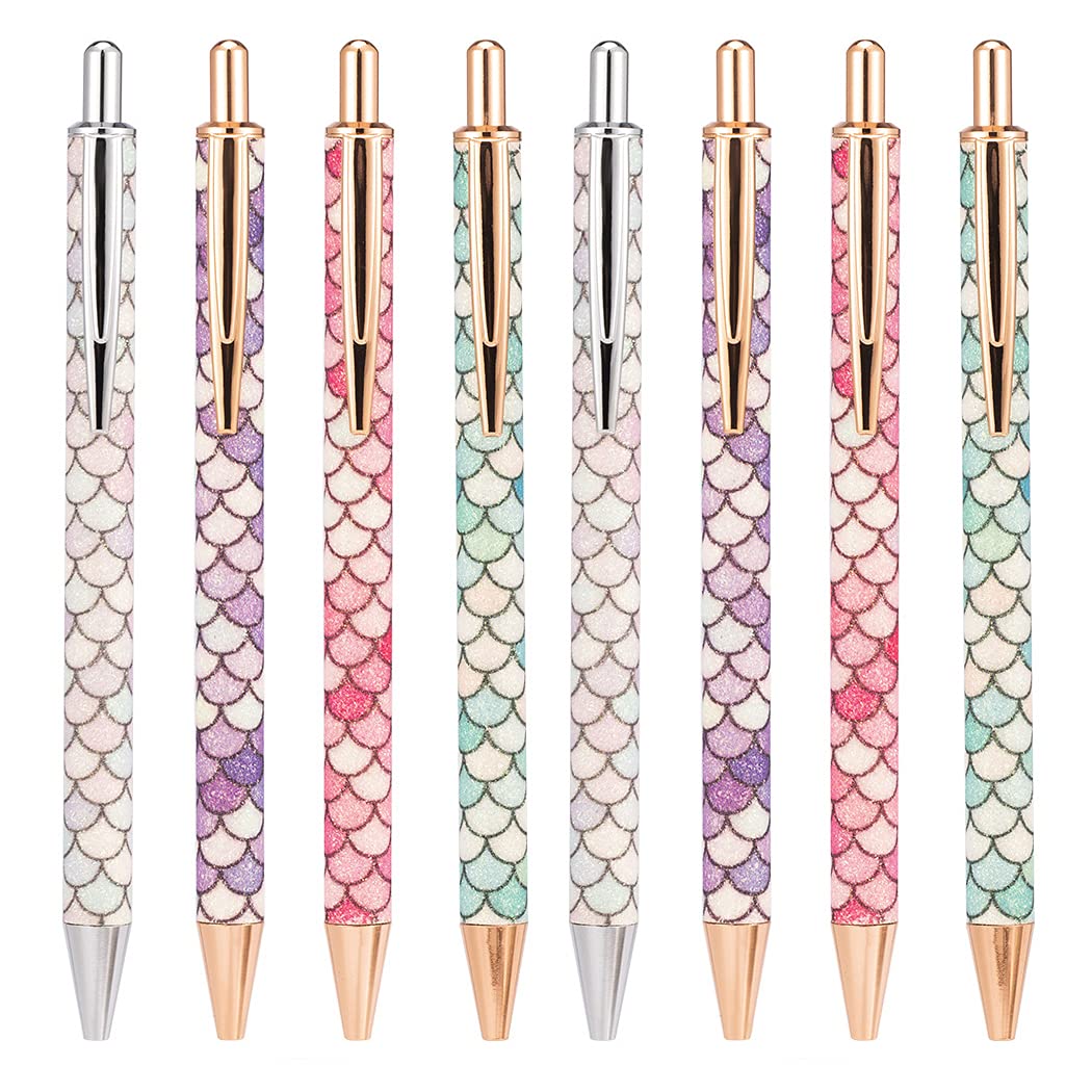 SIPLIV 8 Pcs Metal Glitter Ballpoint Pens Bling Fish Scales Lattice Ballpoint Pens, Retractable Pen Black Ink Stationery Office Supplies for Women Girls - Multicolor