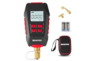 Rogvoc Digital Vacuum Gauge, HVAC Micron Vacuum Gauge Tester with 6 Units 7/16 inch-20 UNF, Digital Vacuum Micron Meter Set with Buzzer Alarm, 1/4 inch SAE Extension Connector Fitting