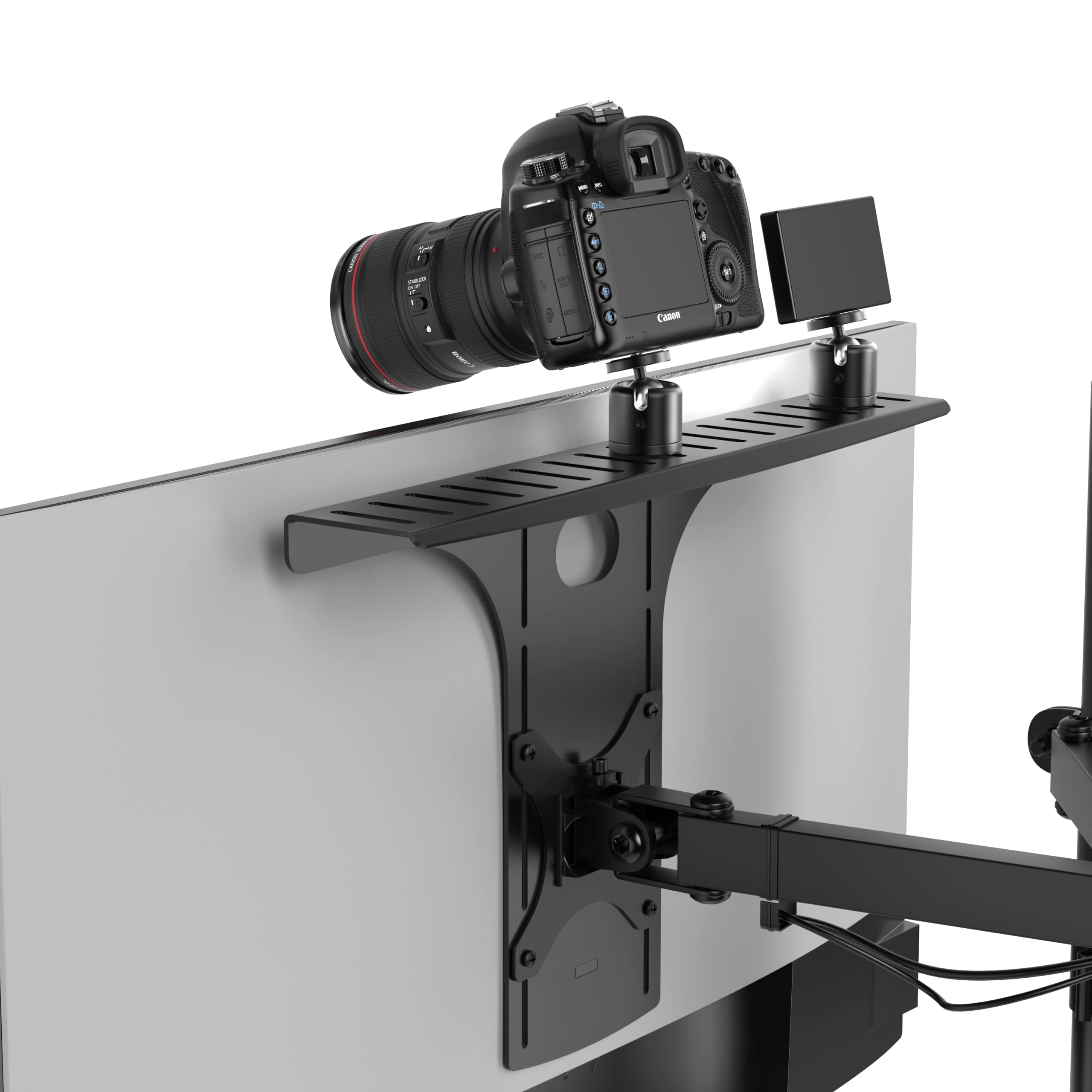 HumanCentric DSLR Monitor Mount Large, Desk Camera Mounting, Light Webcam, Microphone Shelf for Monitor VESA Arm, Replace Clamp Tripods, 100x100mm Patterns, Aluminum, Hardware Included