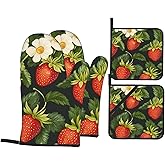 4 Pcs Oven Mitts and Pot Holders Sets, Strawberry Daisy Flower (8) Kitchen Heat Resistant Oven Gloves and Potholders for Cooking Baking Grilling BBQ
