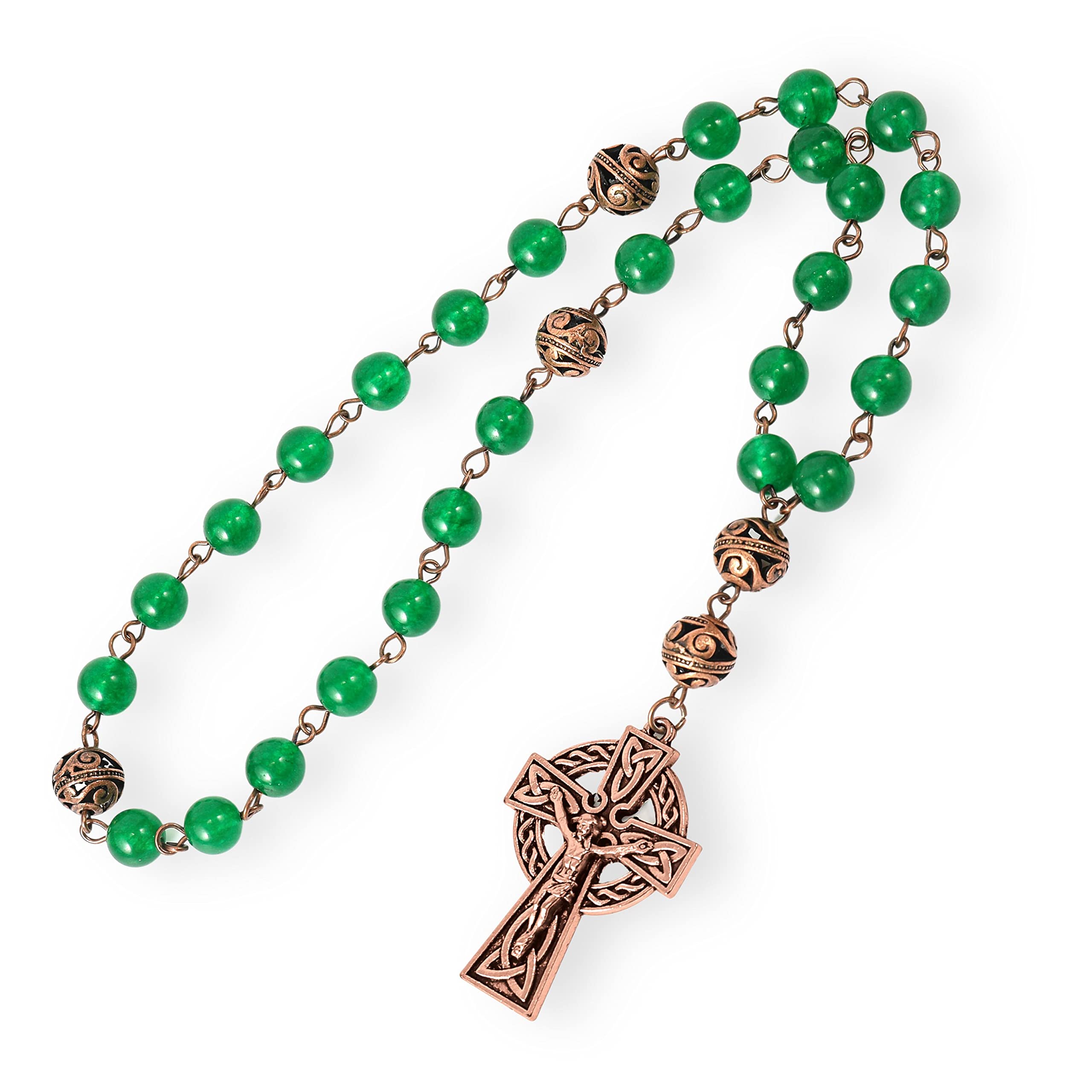 Nazareth Store Anglican Rosary Necklace with Green Jade Stone Beads Antique Copper Celtic Cross