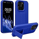 kwmobile Case Compatible with iPhone 15 Pro - Case with Hand Strap and Stand Soft TPU Silicone Coating - Baltic Blue