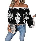 GORGLITTER Women's Off The Shoulder Bell Long Sleeve Top Allover Print Blouse Shirts