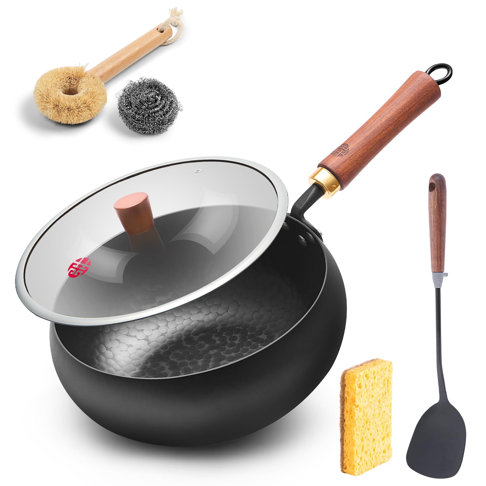 View 1 of ***(USED/ UNKNOWN IF MISSING PARTS)***WANGYUANJI 9.5-Inch Iron Wok Pan with Lid & Spatula, Deep Flat-Bottom Stir Fry, Uncoated & Unseasoned, Induction Compatible, Upgraded Wooden Handle