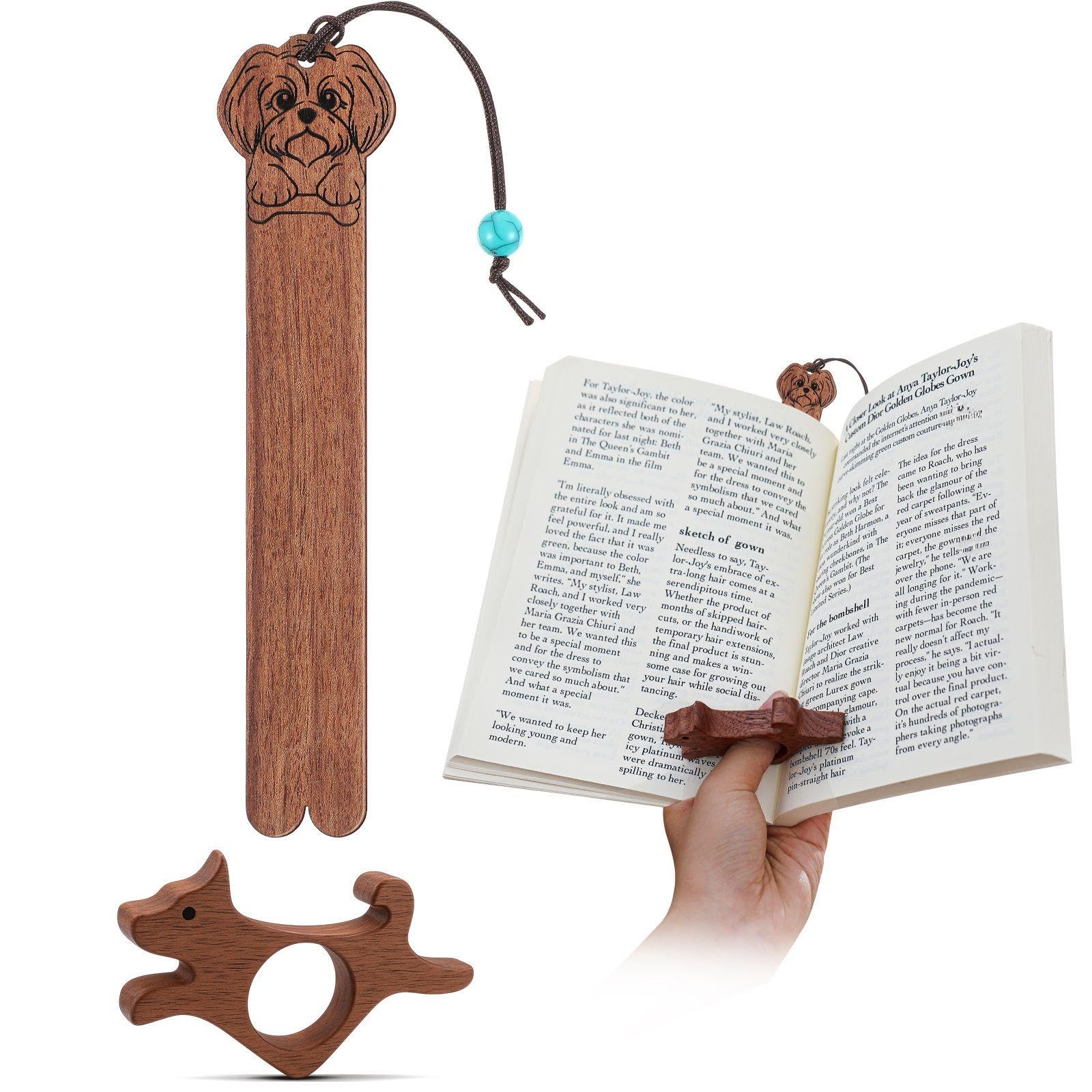 Photo 1 of 2 Pcs Walnut Dog Designed Book Page Holder and Bookmark Set, Handmade Bookmarks Cute Book Accessories Gift for Reading Lover Students Teachers