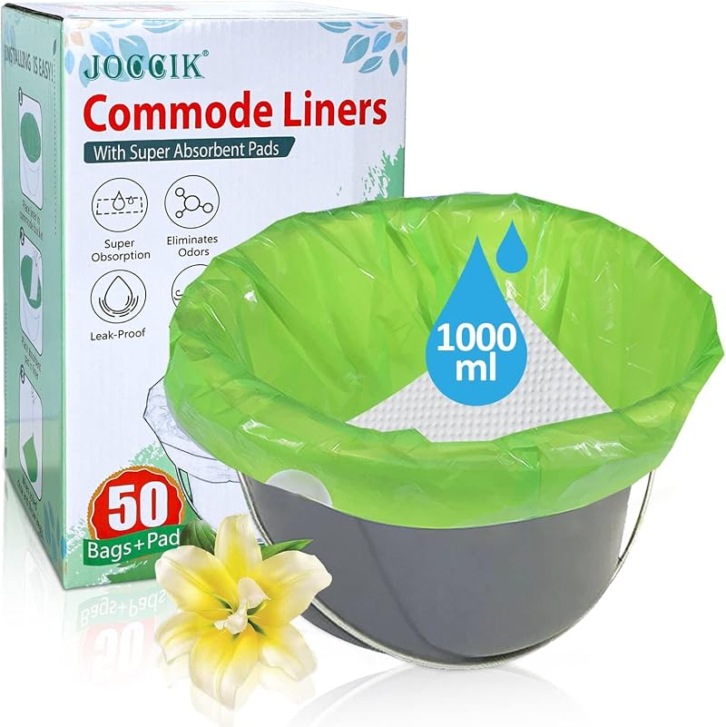 JOCCIK Commode Liners with Absorbent Pad 50 Pack Universal Fit Bedside Bags