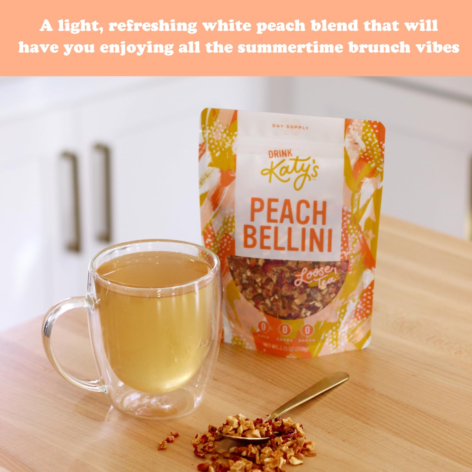 Katy’s Peach Bellini Loose Leaf Tea | Fruity & Refreshing Light White Herbal Tea | Apple, Peach & Mango | Caffeine-Free Tea | 30+ Cups | Hot or Iced | Premium Quality, Woman-Owned | 2.75oz Pouch