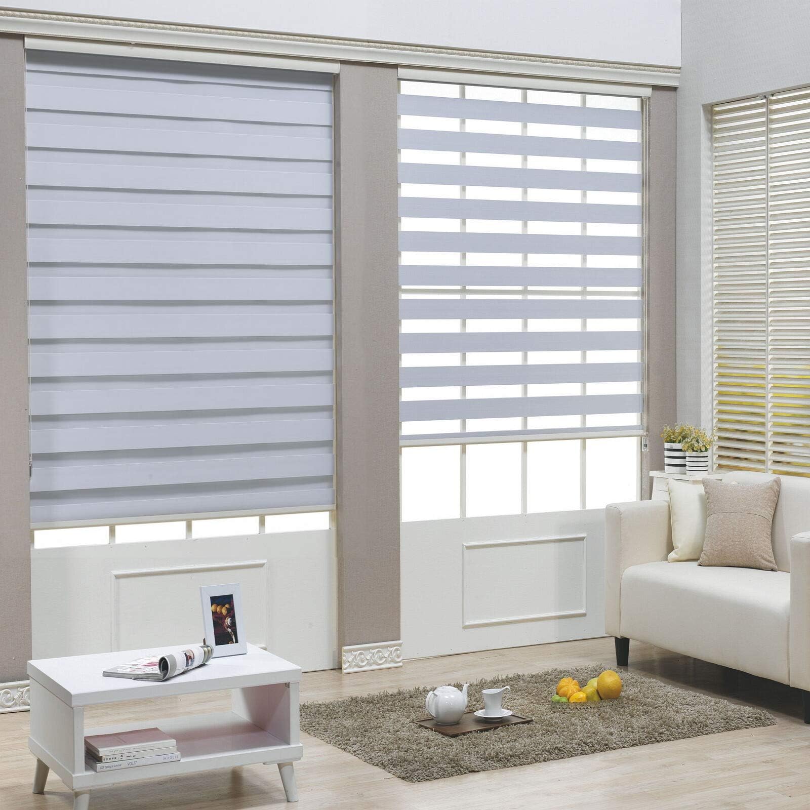 SMT- [(W)67“ x (H)72”] White Zebra Roller Blinds Shades, Dual Layer, Cordless, Sheer or Privacy Light Control, Day and Night Window Drapes, Easy to Install, Striped Dove [P/N: ET-ZB-W-67]