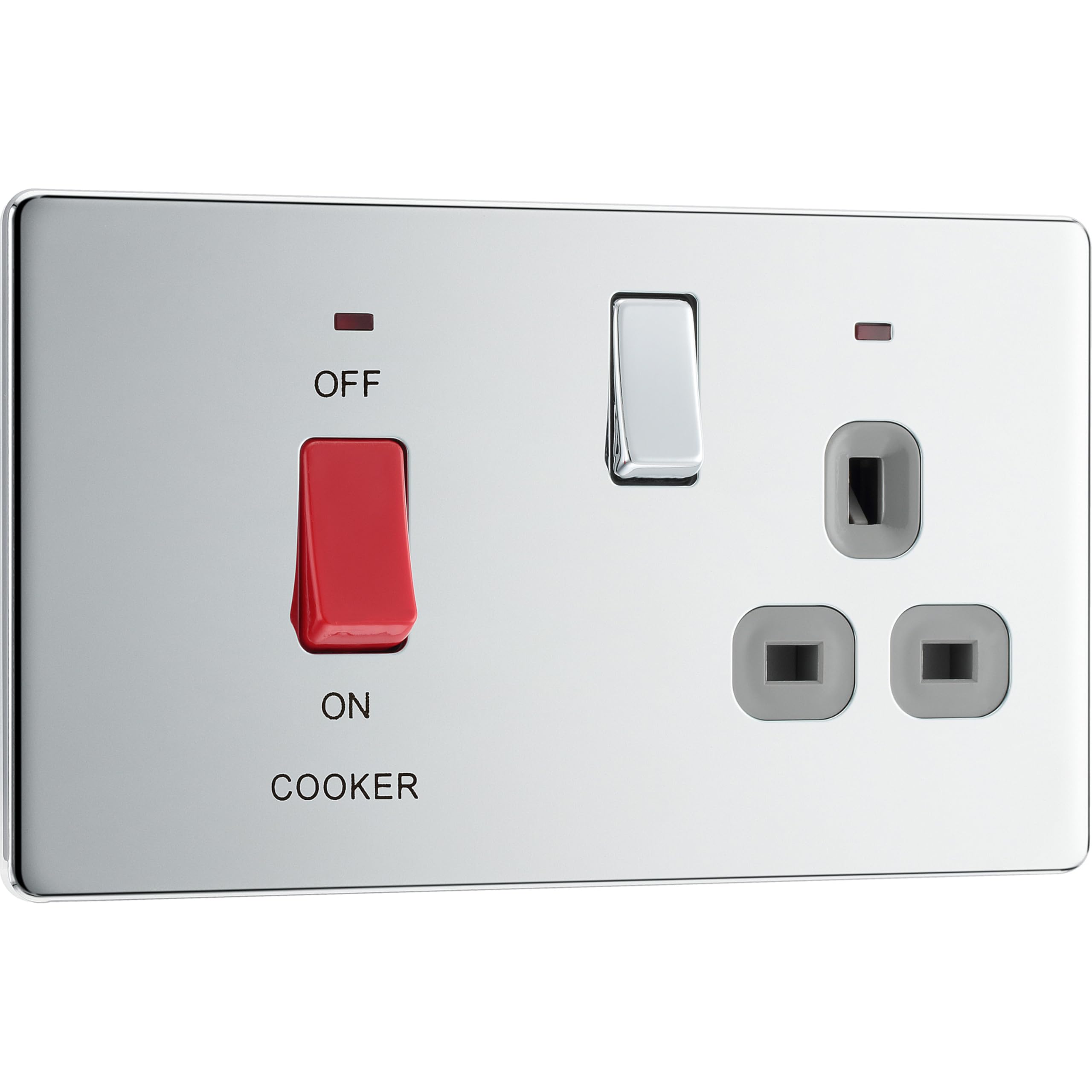 BG Electrical Cooker Switch with Socket and LED, Cooker Control Unit, Control Socket, Double Pole, Screwless Front Plate, Slim Profile, Premium Flatplate, Polished Chrome, Grey Inserts, 45A, FPC70G