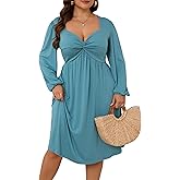 AMCLOS Women's Plus Size Square with Deep V Neck Sexy Flowy Dress Twist Knot Front 2 Pockets Long Sleeve Casual Party Work