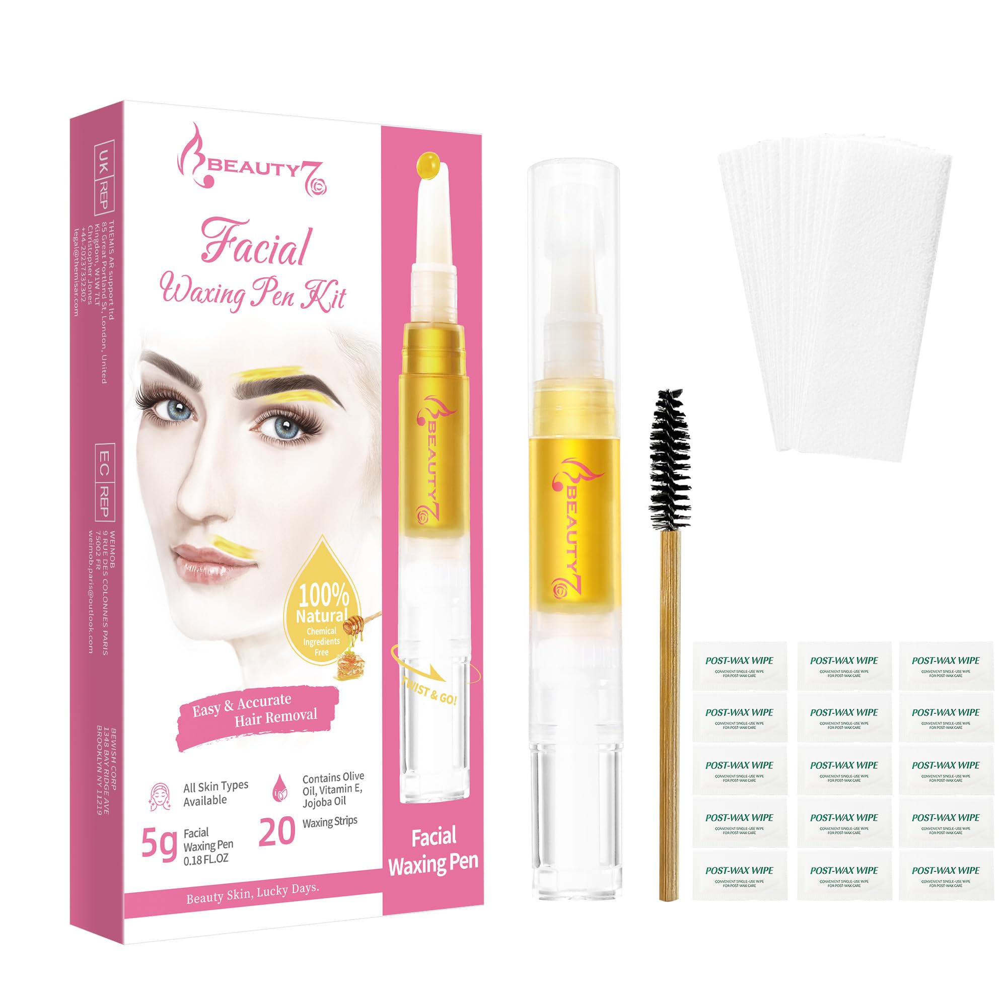 Beauty7 Eyebrow Wax Wand Sugar Wax Pen + 20 Waxing Strips Sugar Wax Formula Eyebrow Waxing for Sensitive Skin and All Skin Type Hair Removal Kits