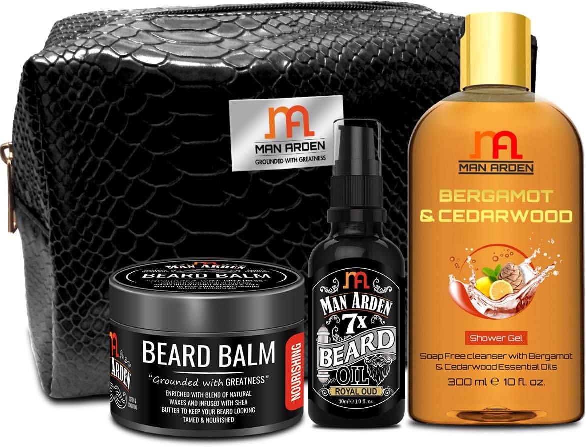 Man Arden Aromatic Grooming Kit For Men | Beard Balm (50g) + Beard Oil - Royal Oud (30ml) + Bergamot & Cedarwood Shower Gel (300ml) With Pouch