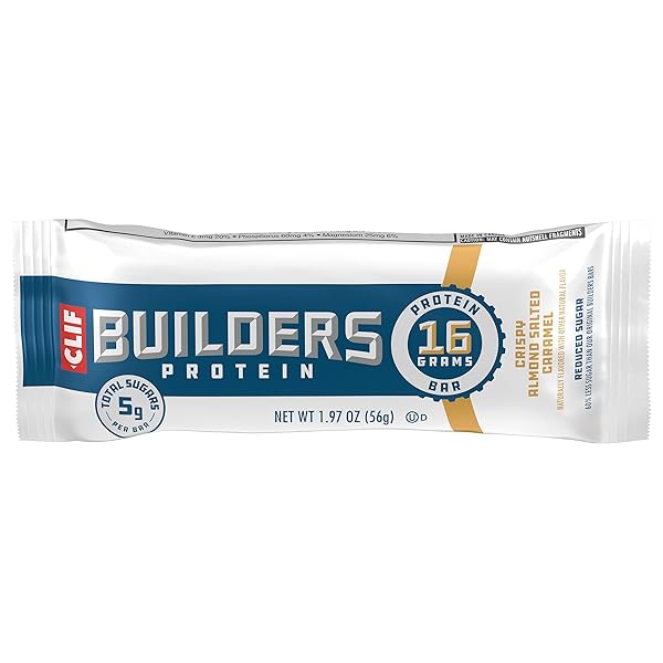 CLIF BUILDERS PROTEIN BARS – CRISPY ALMOND SALTED CARAMEL – REDUCED SUGAR – GLUTEN FREE – 16G PROTEIN – NO ARTIFICIAL SWEETENERS – 1.97 OZ. (6 PACK)