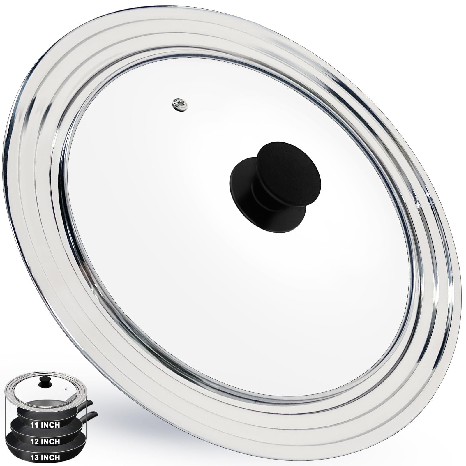 Photo 1 of 13 Inch Large Universal Pan Lid, Stainless Steel Pots Lid Fit 11, 12,13 Inch Pots and Pans, Heat Resistant Stainless Steel and Tempered Glass Lid, 13 In Frying Pans Lid