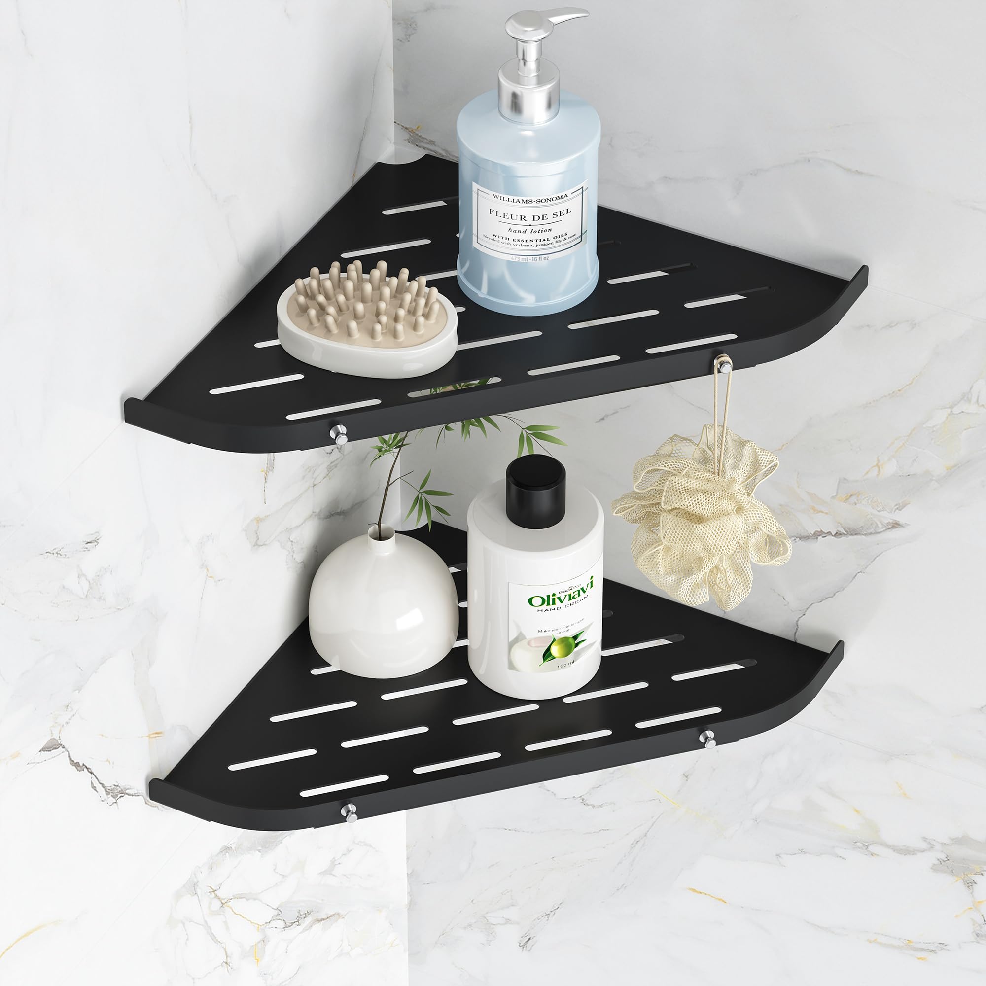 Photo 1 of Qeke Corner Shower Shelf, 9" Corner Shower Caddy, SUS304 Stainless Steel Shower Organizer Wall Mount Corner Shelf with 2 Hooks for Bathroom, Dorm and Kitchen, Matte Black (2 Pack)