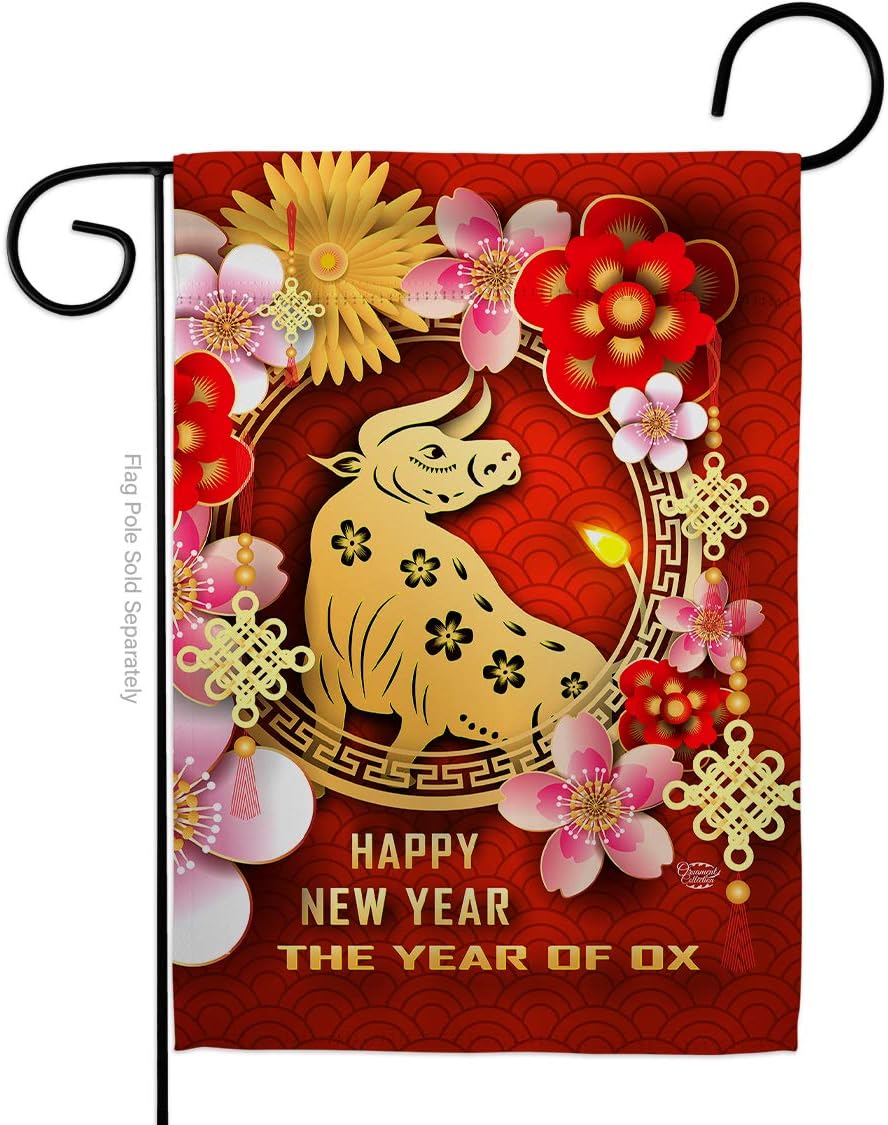 Ornament Collection Year of Ox Garden Flag Winter Lunar New Good Luck Prosperous Seasonal Arrival Blessing House Decoration Banner Small Yard Gift Double-Sided, Made in USA