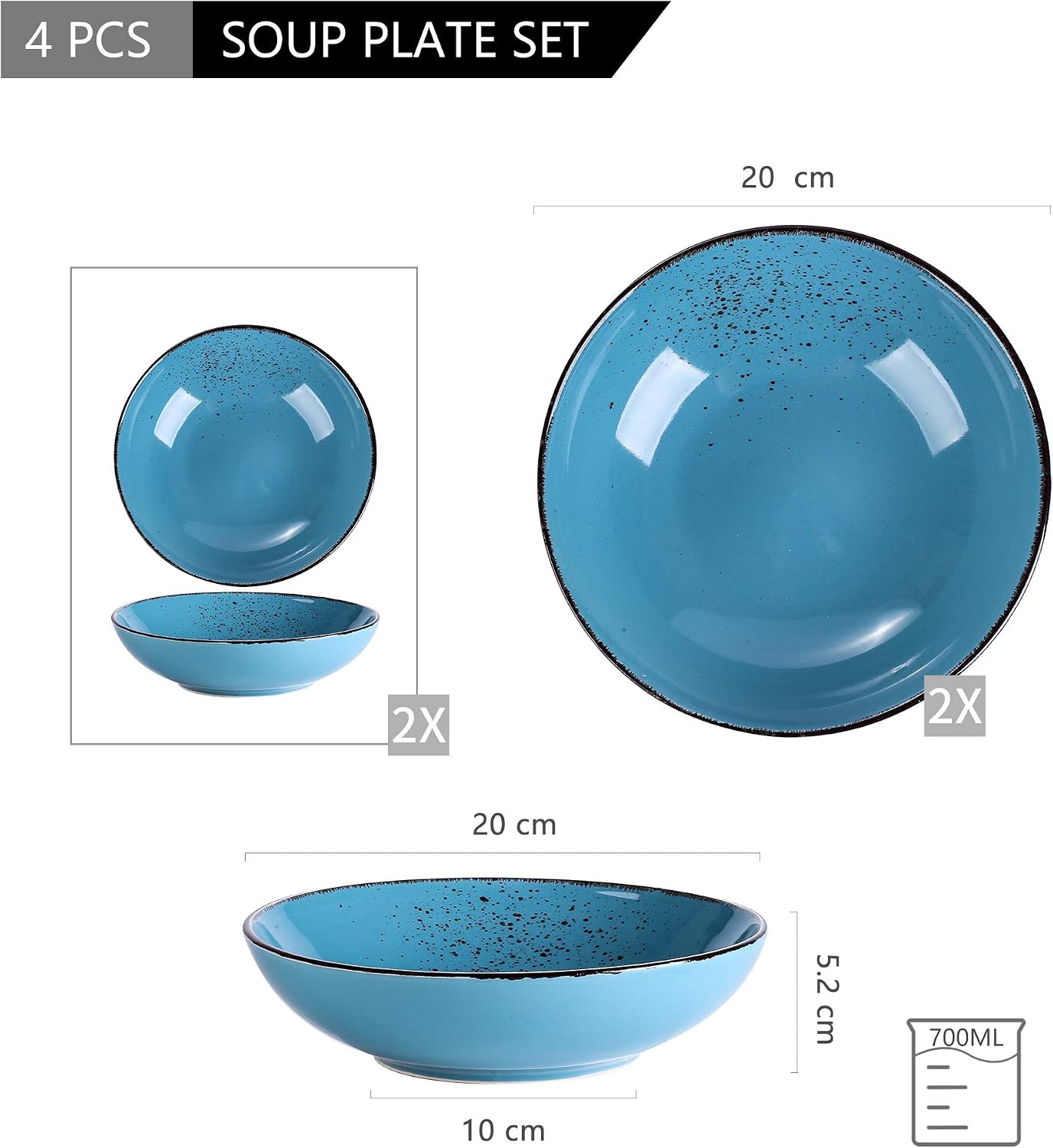 vancasso, Navia Series, Porcelain Soup Plate, Salad Bowl, 4 Pieces - 700 ML, Sea Blue, 4-Piece - Image 3
