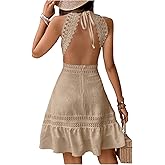 Floerns Women's Contrast Lace Sleeveless Halter Dress Backless Vacation A Line Dress