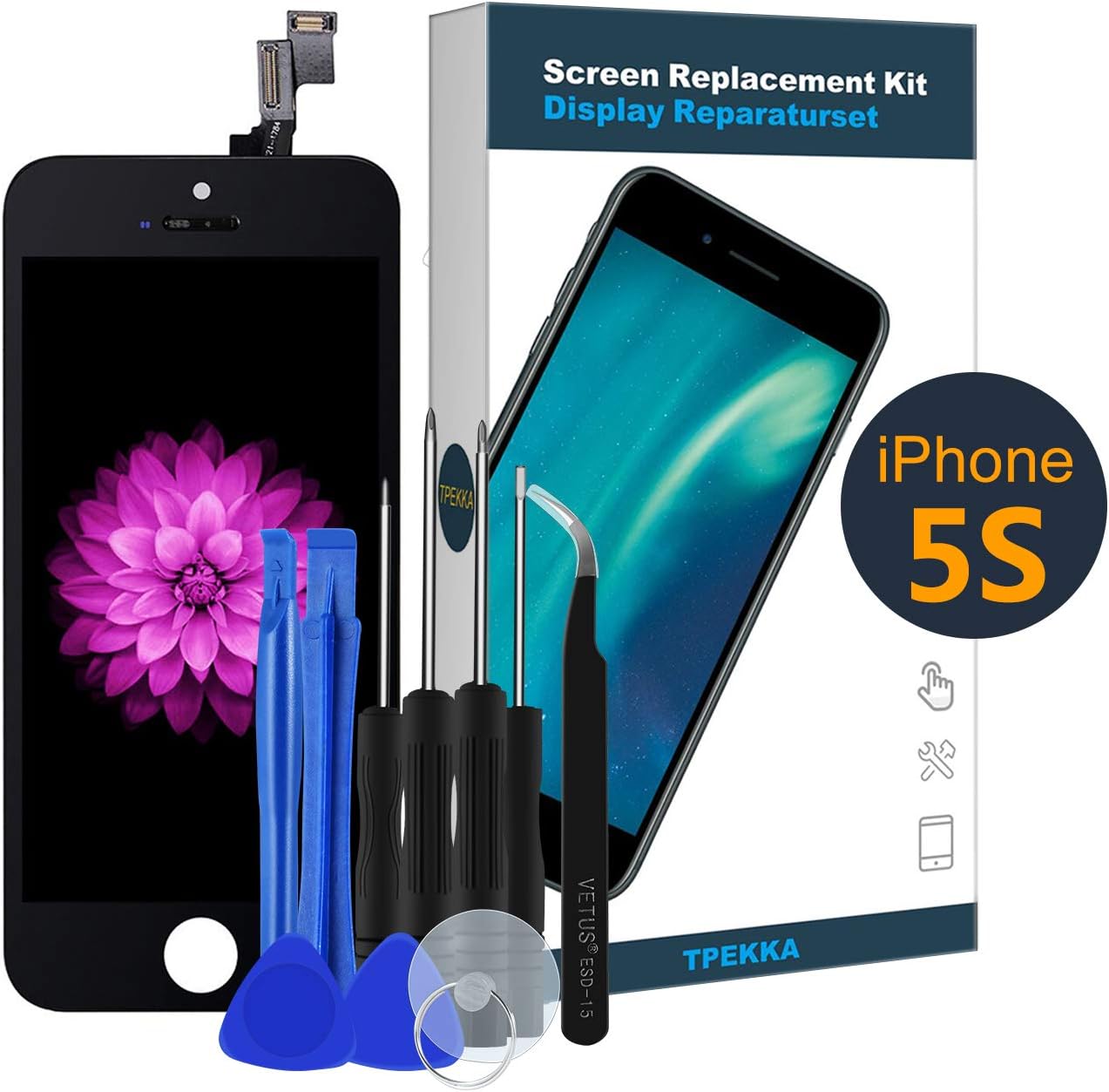 TPEKKA Screen Replacement for iPhone 5S/SE Black-LCD Display Touch Screen Digitizer-Front Glass Panel Full Display Assembly for iPhone 5S/SE Screen with Free Repair Toolkit Premium Tweezer, 4 Inch
