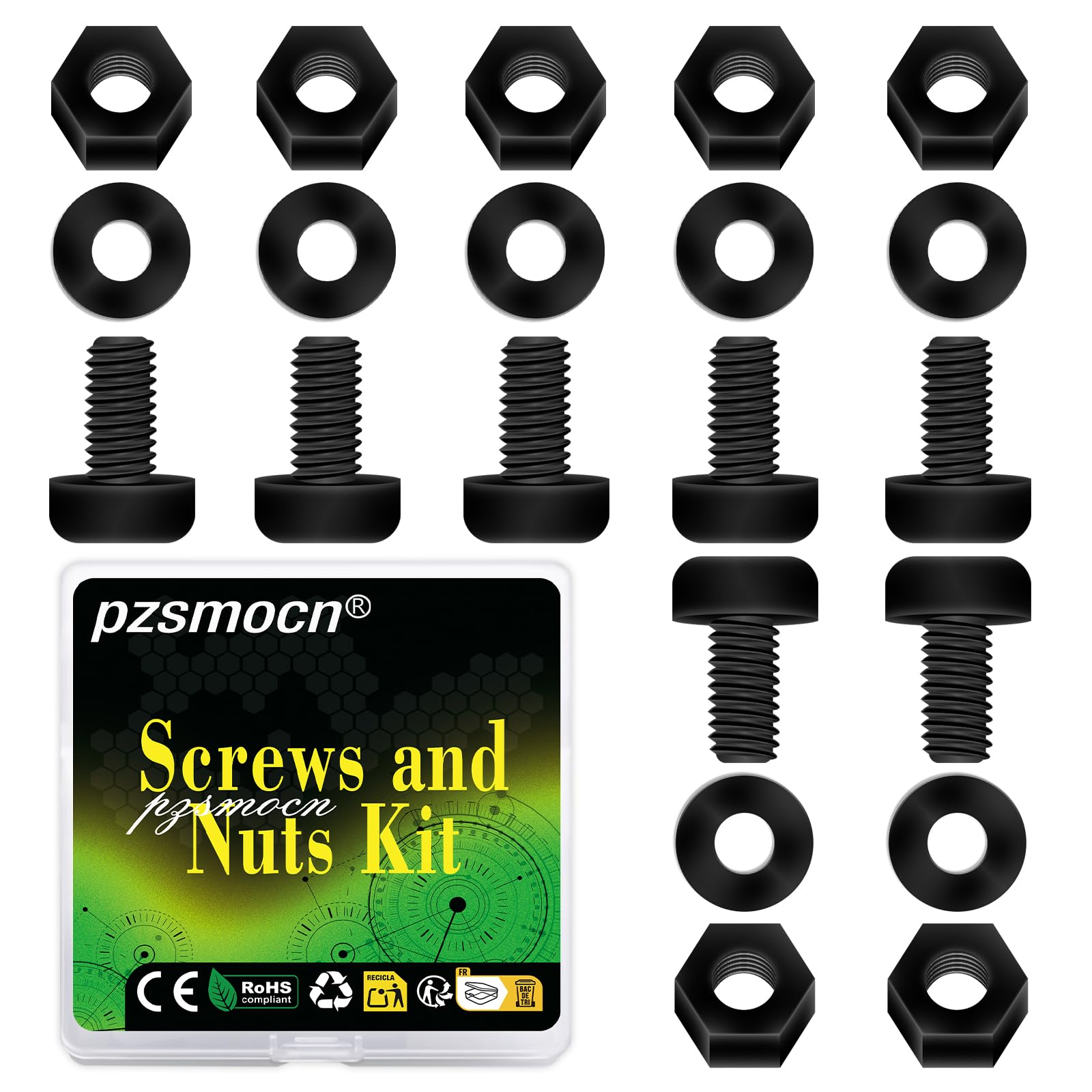 Pzsmocn 300 Pieces/100 Sets M2.5 * 6 mm Plastic Black Nylon Cross Round Head Screw Hexagonal Nut Combination Kit, with Insulating Washers, Standard Size, For DIY and Electronic Assembly.