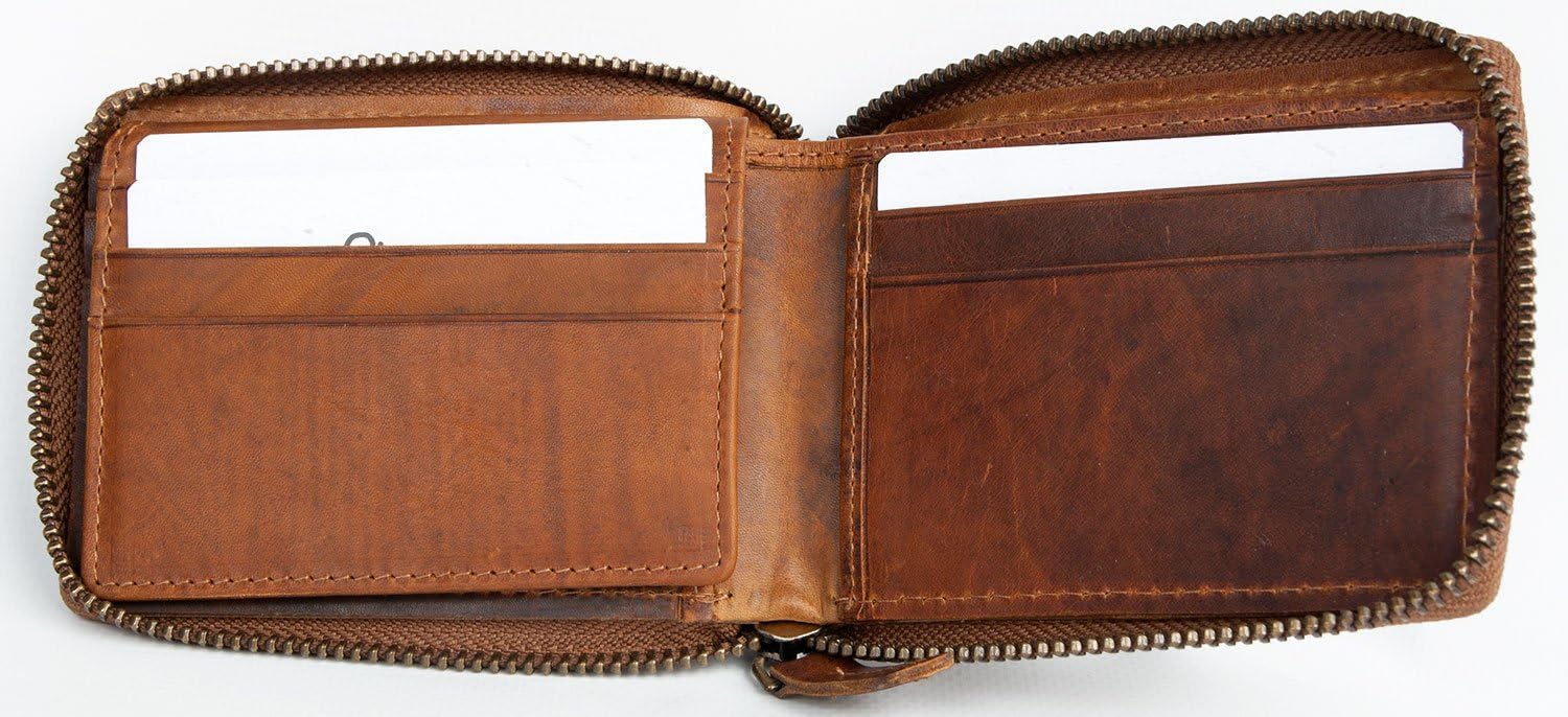 FLW Glazed genuine leather pocket sized wallet with metal zipper around, Tan - Image 4